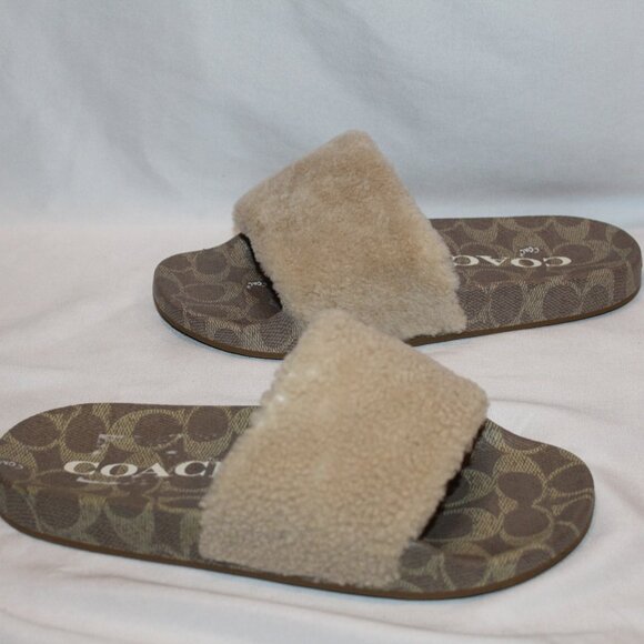 NIB COACH WOMEN'S ULLA SHEARLING LOGO‎ SLIDE IVORY SIGNATURE SZ 7 - Picture 2 of 6